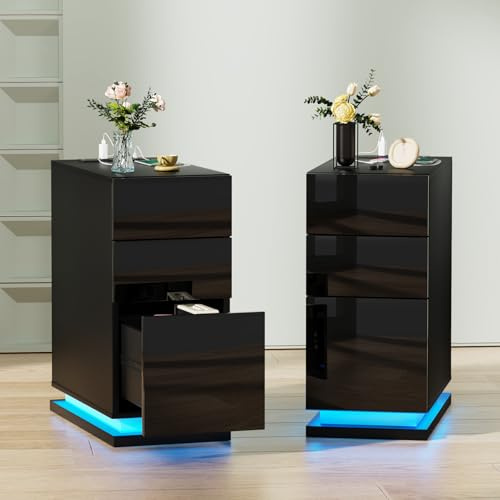 HaodaCulture Nachttisch Schmal 2er Set, Nachttisch mit LED Beleuchtung, Einstellbare 16 Farbe, Nachtschrank schwarz, Sofatisch, nachttische hoch für Schlafzimmer, Wohnzimmer 50x30x63cm