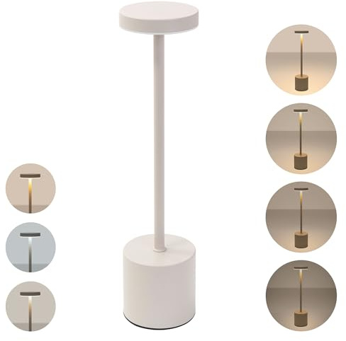ML-Design Lámpara de Mesa LED Crema con Sensor Táctil Ø8x34,5cm de Metal, Luz Regulable en 3 Colores, Inalámbrica con Batería Recargable USB-C, Foco para Mesita de Noche, Escritorio, Lectura, Estudio