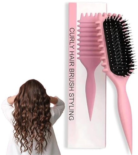 Curly Hair Brush for Women & Men - Define Curls, Enhance Bounce, Detangle Wavy/Curly Hair & Reduce Frizz - Ergonomic Design for All Textures (Pink Stripe)