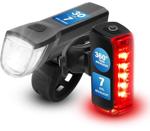 FISCHER Twin Bicycle Light Set, 360° Floor Lighting, LED Bicycle Lamp 30 Lux, Rechargeable Battery with USB C, Front and Rear Tool-free Mountable