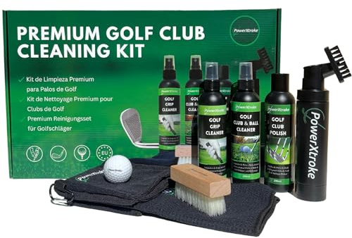 POWERXTROKE Kit de nettoyage premium pour clubs de golf – Nettoie Grips, clubs et balles | 3 sprays professionnels + brosse + serviettes en microfibre | Cadeau idéal et accessoire de golf