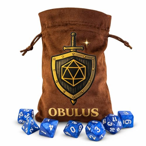 OBULUS Set med 7 RPG Polyhedral tärningar (D4-D6-D8-D10-D12-D20-D%) - nattblå rollspelstärningar med sammetspåse - DND-tillbehör, Pathfinder, JDR, bordsspel