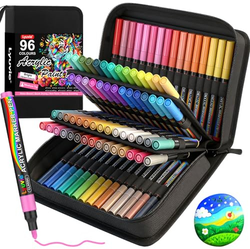 96 Colours Acrylic Paint Pens Marker Set, Water-Based Acrylic Markers for Rock Painting Glass Pebbles Fabric Stone Wood Plastic Metal Ceramic