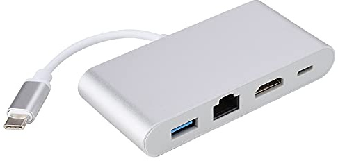 Convertitore multifunzione 4 in 1 da tipo C a USB 3.0+RJ45+HDMI+PD, adattatore hub tipo C con uscita video HDMI 4K, Fast Ethernet e alimentazione, design portatile in lega di