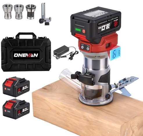 ONEVAN Fresatrice Verticale a Batteria, Rifilatore per Legno Brushless con Display LED, 6 Velocità Regolabili, 3 Pinze da 6mm 6.35mm e 8mm, 2 Batterie 3.0Ah, per Lavorazione del Legno