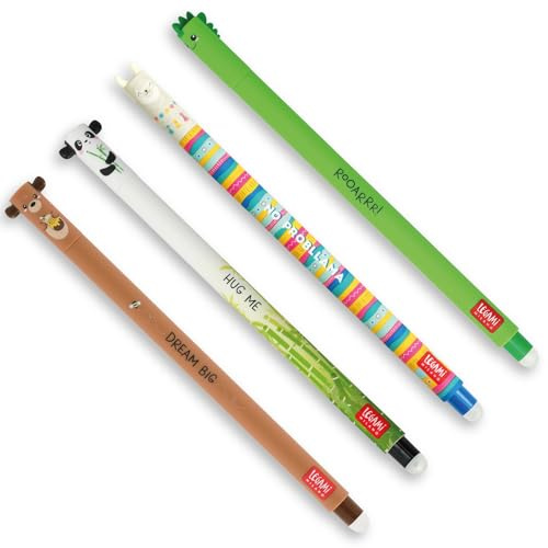 Legami - Set de 4 bolígrafos de gel borrable, temas Dino, Osito, Panda, Llama, bola en el extremo para quitar la tinta Negro, Azul, Verde, Rojo, sensible a la temperatura, diámetro de la punta 0,7 mm