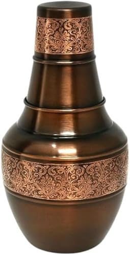 COPPAYA Copper Carafe with Tumbler Lid Cup, Black Embossed Finish, 1.4L (47.3oz), Handcrafted Decorative Vintage Pitcher, Bedroom Bedside Water Bottle Jug