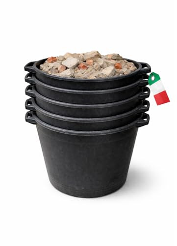 MOHOME Mastello Multiuso PVC Secchio Nero Made in Italy Cassa Macerie Malta Calcinacci Tinozza per Edilizia Set da 5 Capacità 45 Litri Impilabile Doppio Manico Resistente Cantiere Giardino Casa