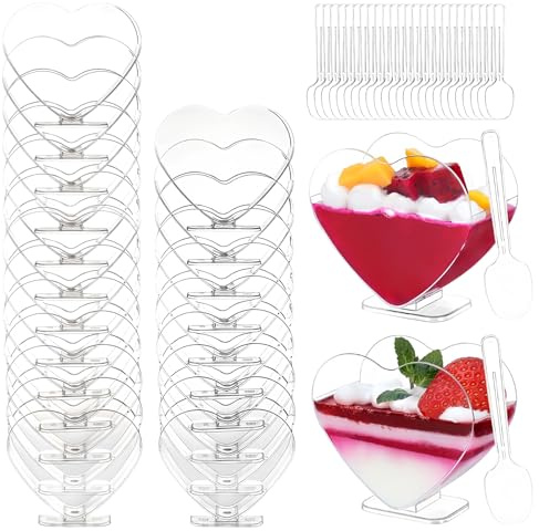 LLHONG 25Pcs Dessert Cups, 120ml Heart Shape Dessert Cups with Spoons | Clear | Reusable | Small Serving Bowl | Appetizer Cup | for Pudding Mousse Buffet Party Wedding