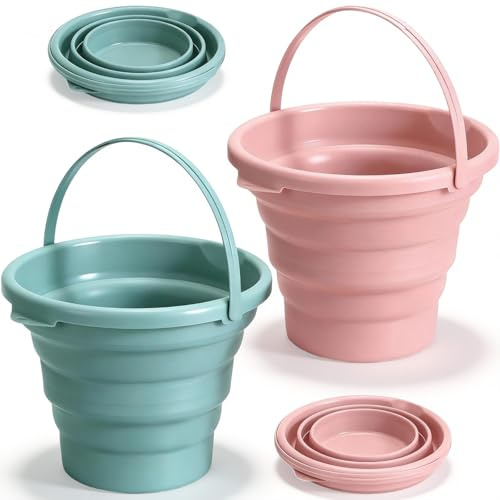 2 Piezas Cubo Plegable Plástico con Asa, 5L Balde Limpieza Portátil, Cubos Playa Pequeño Ahorro Espacio, Contenedor Aire Libre Multifuncional para Pesca,Camping, Lavado Coches,Senderismo (Rosa & Azul)