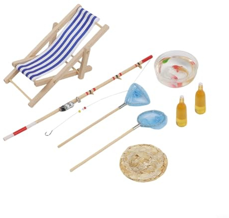 Juego de 8 cañas de pescar en miniatura para tartas de bricolaje, accesorios de jardín con silla de playa, sombrero de paja, pecera y botellas de cerveza, decoración de muebles de jardín de hadas