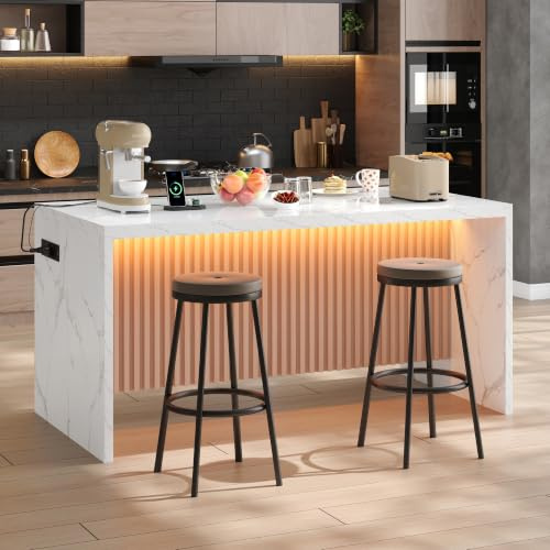 Henjda Isla de cocina independiente con encimera de mármol frontal de 40 mm, isla de cocina con LED, enchufe 2 enchufes, 2 puertos USB, mesa moderna de bar para cocina, comedor, 155 x 80 x 90 cm