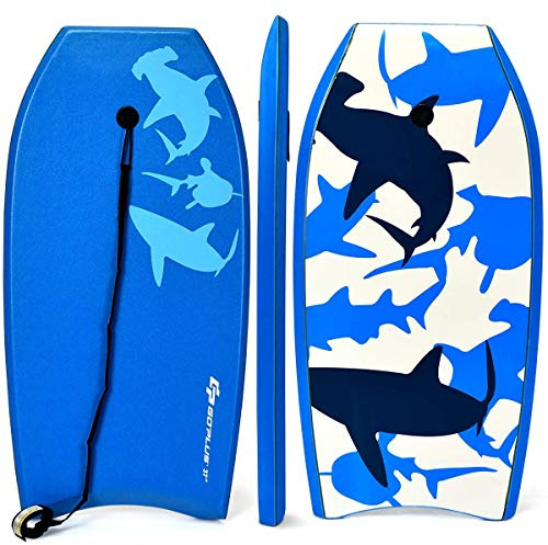Goplus 41''/37''/33'' Lightweight Body Board for Beach, Surf Board with EPS Core, XPE Deck, HDPE Slick Bottom, Wrist Leash, Bodyboard for Kids Adults Surfing (Blue Shark, 33 Inches)