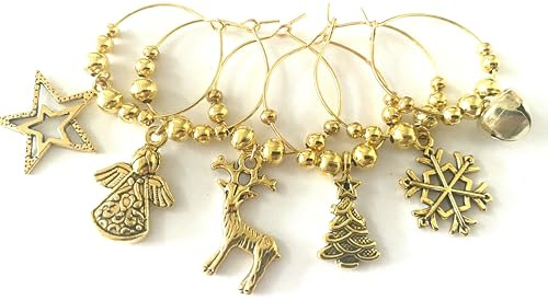 CharmingByLynne Gold tone Christmas Wine Glass Charms x 6 Golden tone Christmas Table Decorations