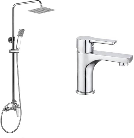 Kibath Conjunto Columna de ducha monomando más grifo de lavabo PIN, Tubo Extensible regulable en Altura de 80 a 120 cm. Frabricado en latón acabado cromo Brillo.