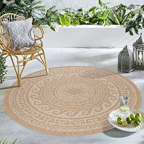 Carpetsale24 Runder In & Outdoor Teppich Wetterfest Sisal Optik Beige 200 cm Rund - Waschbarer Küchenteppich Wasserfest Flachgewebe Natur Optik Vintage Design Teppiche für Balkon Terrasse Wohnzimmer