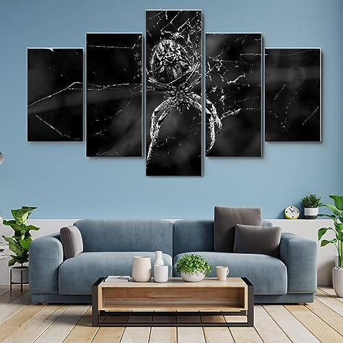 WAGYU 5 teiliges wandbild Spinnenmakro auf Spinnennetz 5 stück leinwand wandkunst,5 teilig leinwand wanddeko wohnzimmer,leinwanddruck 5 teilig bilder wohnzimmer modern groß,mit rahmen,xxl 150x80cm