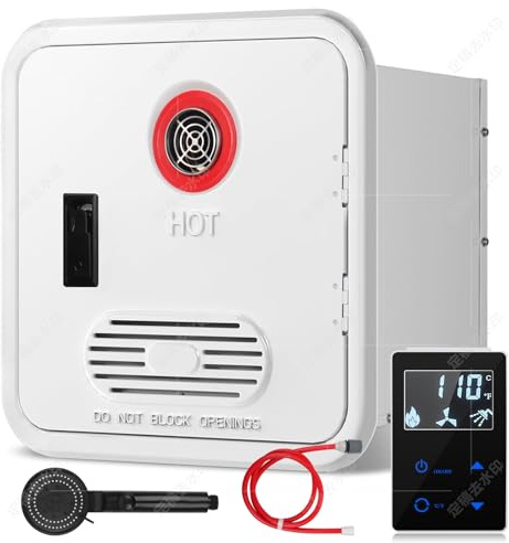 3.0 Gallon 24KW RV Tankless Water Heater, 55000 BTU Instant for RV, 12V Camper Water Heater Propane with Double Water Outlet & Remote Controller-Black-White