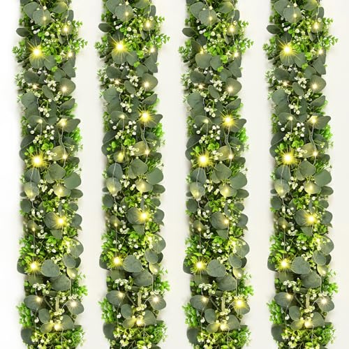 4Pcs Eucalyptus Garland with Lights, Greenery Garland, Green Garland with Flowers, 5.9FT Artificial Faux Eucalyptus Leaves Vines for Table Mantle Home Wedding Party Indoor Outdoor Decor