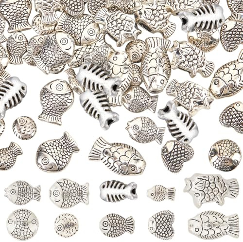SUNNYCLUE 1 caja de 100 piezas de 10 estilos de Cuentas de Peces de Plata Cuentas de Peces de Aleación de Metal Tibetano Antiguo Océano Verano Animal Espaciador Cuentas para Suministros de Fabricación