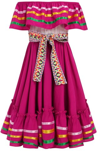EFOGEP Robe mexicaine traditionnelle folk drapé pour fille | Robe folklorique Cinco de Mayo à épaules dénudées à volants pour fête de vacances