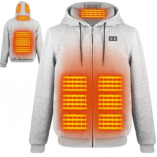 Wodesid Beheizbare Jacke Hoodie Kapuzenpullover mit 7.4V 16000mAh Akku, 6 Heizzonen, 3 Heizstufen für Herren & Damen - Outoor Beheizte Kapuzenjacke Sweatshirt Winter Heizjacke mit Doppelschalter