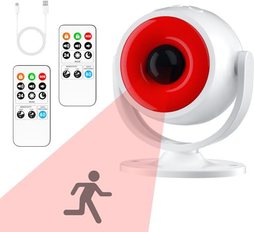 Cuteefun Sensor de Movimiento, Sirena Alarma con 2 Controles Remotos, Alarma De 120 dB, Volumen Ajustable, Alimentado por USB o BateríA, Ideal para Interior de Tienda, Garaje, Casa Seguridad