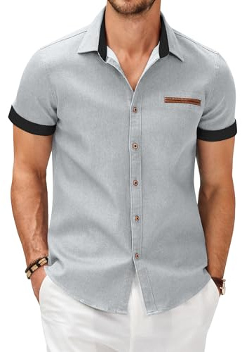 COOFANDY Herrskjorta, kortärmad jeansskjorta, sommar, fritidsskjorta, cowboystil, kortärmad skjorta, modern passform, denimskjorta med rutig Kent krage, Ljusgrå A, XL