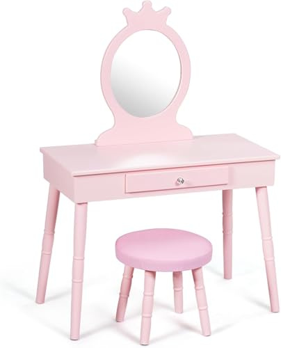 FANTASK Tavolo da toeletta per bambini 2 in 1 rosa e scrivania con specchio e sgabello rimovibili, tavolo cosmetico principesse rosa per ragazze