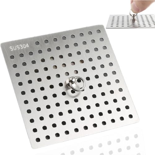 Coperture di scarico in acciaio inossidabile 304 con anello per maniglia, protezioni quadrate per scarico doccia, protezione per scarico, copertura a spirale, 1 pezzo (14 x 14 cm)