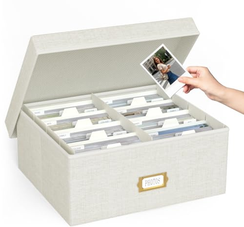 Decorative Photo Storage Box - Linen Photo Box Organizer with Dividers, Fits Holds Up to 1700 Pictures and 4x6 Photos, Memory Keepsake Organizer for Photos, Scrapbook Supplies, Cards, Stamps (Beige)