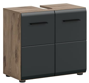 xonox.home – Waschbeckenunterschrank Ice 60x54x30 cm in Korpus Nox Oak Nachbildung und Front schwarz matt – Stilvoller Unterschrank für Waschbecken – elegant & kompakt