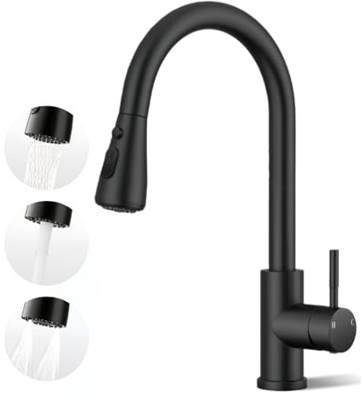 Black Kitchen Tap, Kitchen Mixer Taps with Pull Out Sprayer, 2 Modes Spray | Stainless Steel | Single Handle for Easy Control | Quick Installation