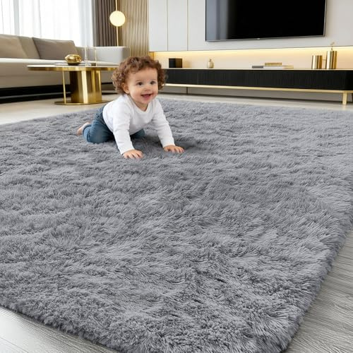 smiry Fluffy High Pile Rugs Living Room, Anti Slip Shaggy Soft Carpet, Machine Washable Modern Large Thick Area Rugs for Bedside, Kids Bedroom - Grey, 120 x 160 cm