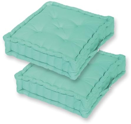 Déco Arts Coussins de Sol - Lot de 2 Coussins Carrés pour Salon ou Jardin - Coussin Capitonné avec Traitement Déperlant et Poignée de Transport - Certifié Oeko-TEX - 60x60 x 15 cm, Vert Mint