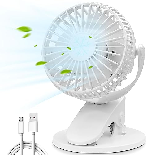 COZII Mini Clip on Fan, USB Desk Fan Rechargeable, 3 Speeds 720° Rotatable Portable Cooling Fan, Desktop Small Fan Silent for Office, Bedroom, Stroller, White (CZ-04)