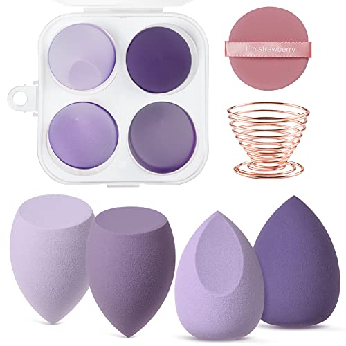 AUAUY Esponja Maquillaje, 4 Esponjas de Maquillaje para Base de Maquillaje, con 1 Soporte y 1 Esponja para Polvo, Set de Esponja de Maquillaje Uso Húmedo y Seco, para Base Líquida (Púrpura)