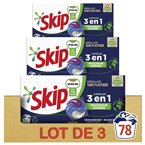 Skip Lessive liquide en capsules Fraîcheur intense 3 en 1 - 78 lavages - résultat impeccable et efficace dès 30° - sans emballage plastique (lot de 3x26)