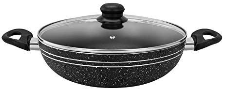 Royalford Aluminium Wok Pan, 28 CM Induction Safe Frying Pan Non-Stick Coating & Tempered Glass Lid Heat-Resistant Handle Stir Fry Cookware Pan, PFOA