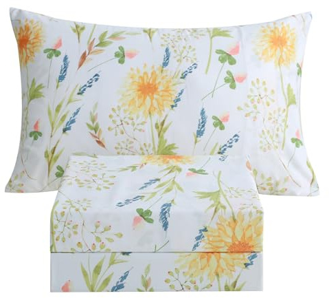 JSD Yellow Floral Printed Sheet Set Twin Size, 3 Piece Soft Botanical Microfiber Bedding Sheets Extra Deep Pocket