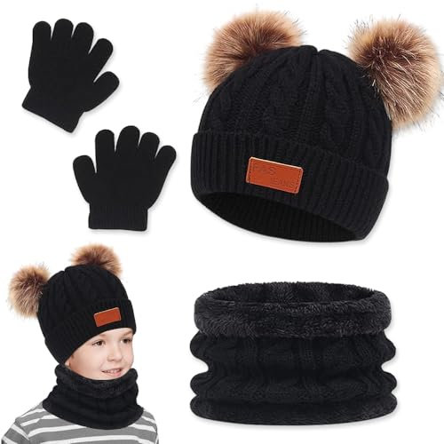 yotutun Kinder Wintermütze Schal Handschuhe Set, 3 in 1 Thermal Knit Mütze Schal Set Fleecefutter Babymütze Winter Accessoires Beanie Strickmütze für Kinder Jungen Mädchen, 3-8 Jahre - Schwarz