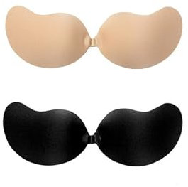 Boolavard Super Sticky Push Up Bras, 2 Pack V Strapless Backless Breast Lift Bras for Women Wedding Dresses Reusable (UK, Cup & Band, D)