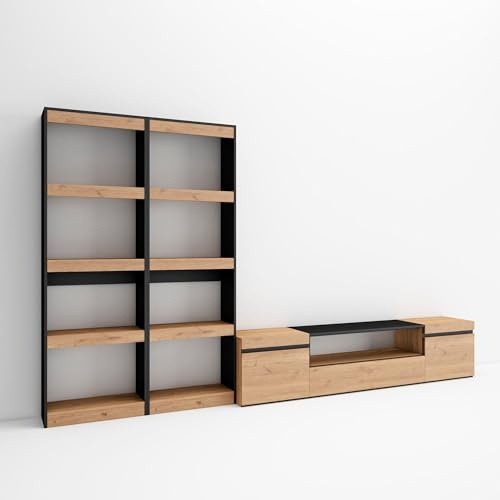 Skraut Home | Wohnwand Wohnzimmer | Wohnzimmermöbel, Möbelset | 320x186x35cm | Für TV-Geräte bis zu 80 | Wohnzimmer Möbel | Moderner Stil | Eiche Schwarz