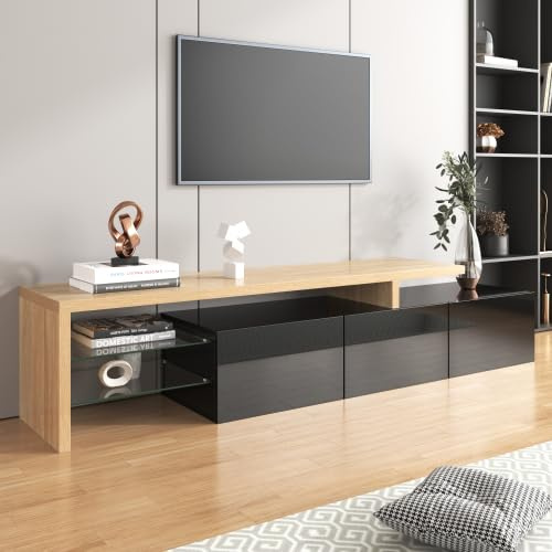 SogesHome TV Bank Modernes TV Schrank Lowboard XXL 197,5 cm Stilvolle Eleganz, praktischer Stauraum, Hochglanz, Holzoptik, Glasböden, LED-Beleuchtung