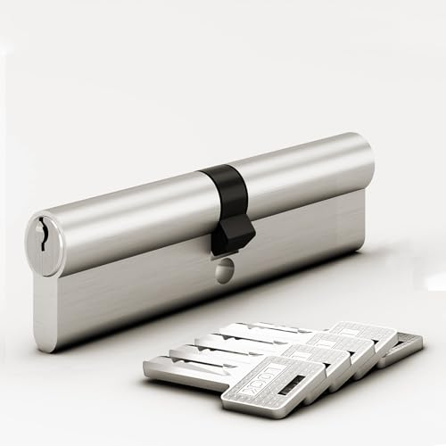 AwmnSrman Schließzylinder 35/35, Zylinderschloss mit 5 Schlüsseln, Schließzylinder Beidseitig Schließbar, Euro Messingzylinder Satin Nickel Finish