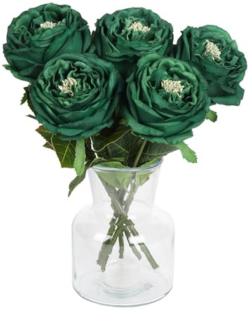 DuHouse Seidenrosen, künstliche Dunkelgrüne Rosen mit Stielen, fühlen Sich echt an, künstliche Blumen für Arrangement, Hochzeit, Party, Heimdekoration, 5 Stück