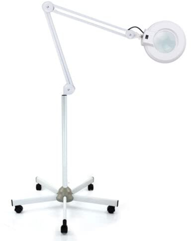 GMSLuu Lupenlampe 5X LED Lupenleuchte Lupe mit Licht und Ständer fünf Fuß Stehlampe Kosmetikleuchte verstellbarem Metallrahmen Tragarm und Bewegliches Rad für Kosmetikstudi Zuhause 24W