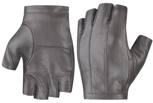 Harssidanzar Fahrhandschuhe Herren,Ungefütterte Fingerlose Half Finger Leder Fahrhandschuhe KM049EU,Gray,Größe L