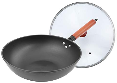YIHANSS 32 cm Wok-Bratpfanne aus Gusseisen mit Deckel, Bratpfanne mit flachem Boden, geeignet für Induktionsherd und Halogenofen, mit Deckel, Bratpfanne, Wok