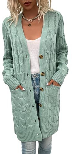 Women's 2024 Long Sleeve Cable Knit Long Cardigan Fall Winter Chunky Open Front Button Sweater Outerwear with Pockets (Bean Green,M)